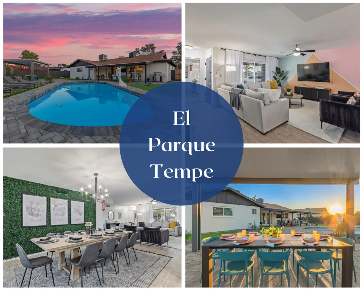 The image showcases a sparkling heated swimming pool surrounded by a spacious backyard, with an inviting outdoor dining area and glimpses into the stylishly furnished living room. The setting is bathed in warm sunset light, creating a cheerful, welcoming ambiance that hints at both relaxation and lively gatherings.